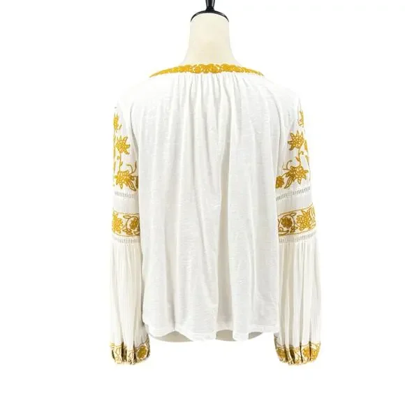 By Anthropologie Aja White Knit Golden Yellow Embroidered Long Sleeve Boho Top - Picture 6 of 15